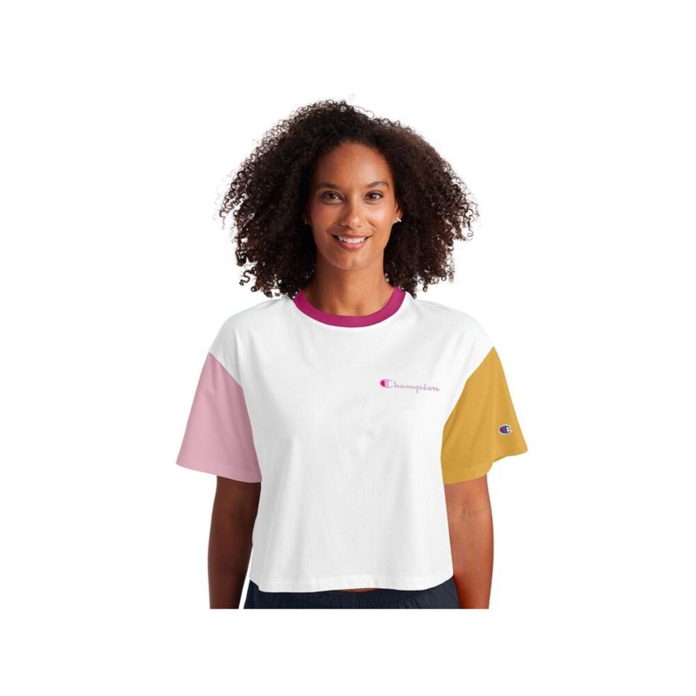 NWT CHAMPION Womens White Color Block Short Sleeve Crew Neck Crop Top XS